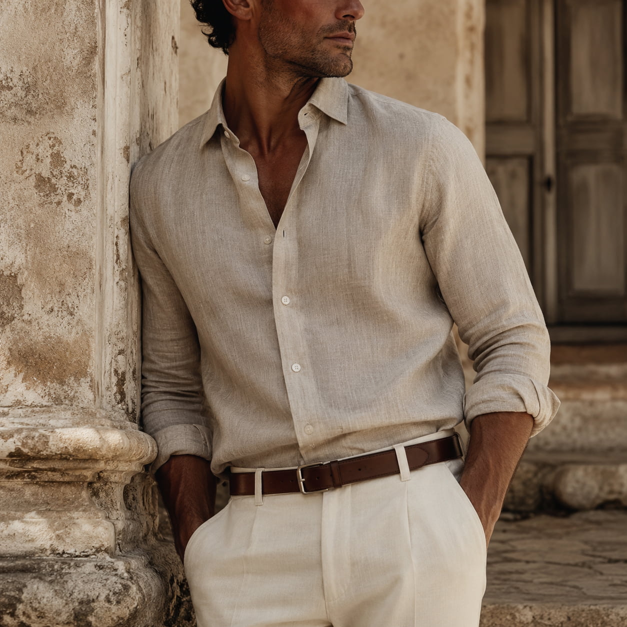 Camisa de linho masculina bege em editorial de moda masculina premium