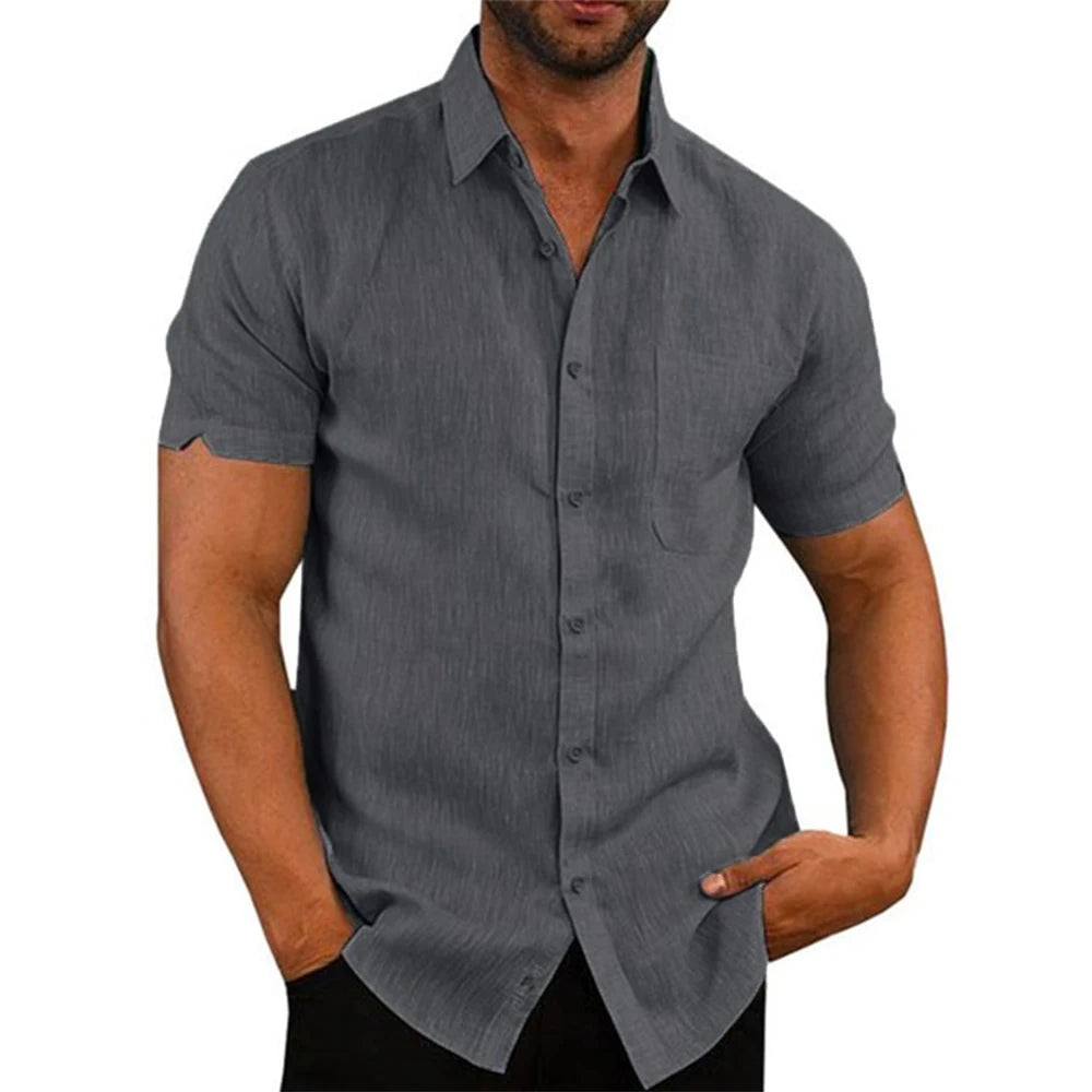 Camisa de linho cinza, manga curta, colar e botões frontais
