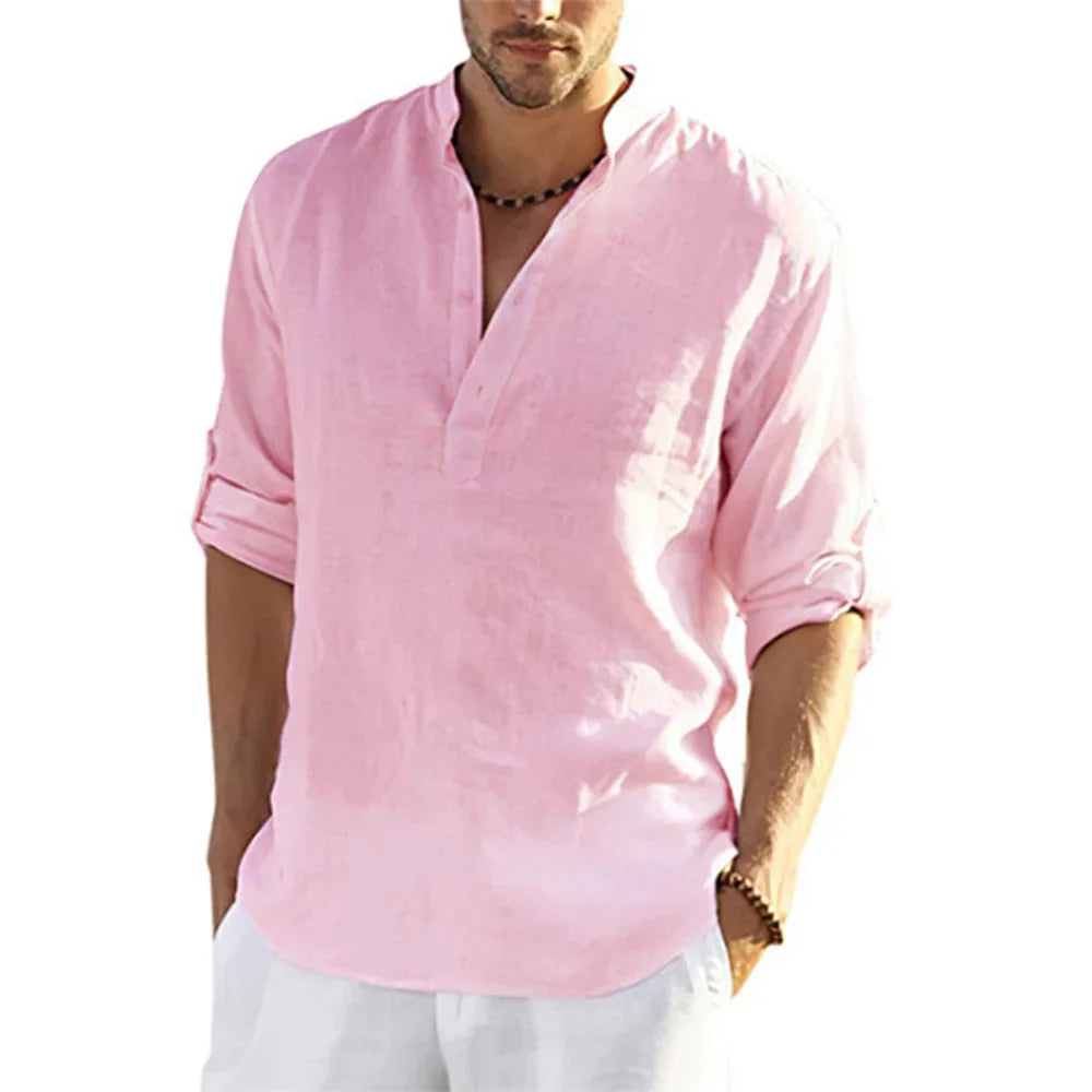 Camisa de linho rosa com gola padre, botões frontais e manga curta