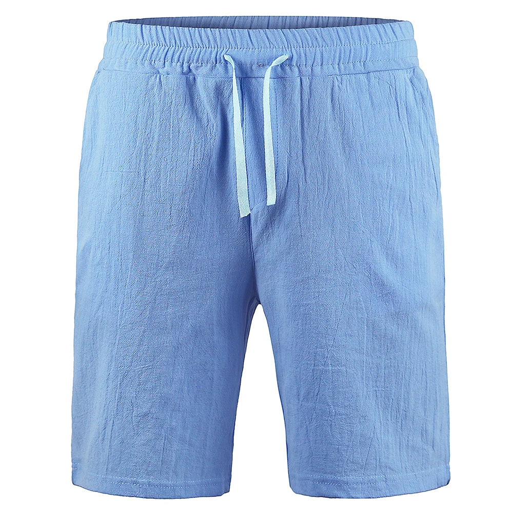 Bermuda de linho azul claro com cós elástico e cordão frontal
