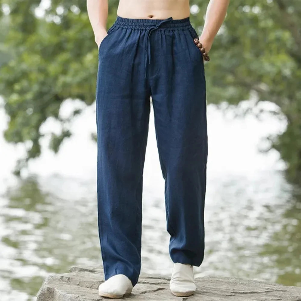 Calça de linho azul-marinho com cós elástico e cordão, barra solta