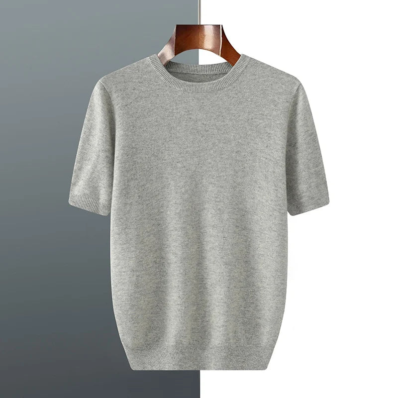 Camiseta de tricô masculina de manga curta cinza claro, gola redonda e caimento solto