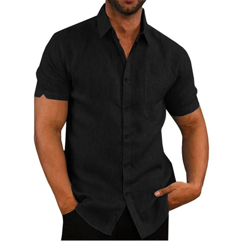 Camisa de linho preta, manga curta, colar e botões frontais