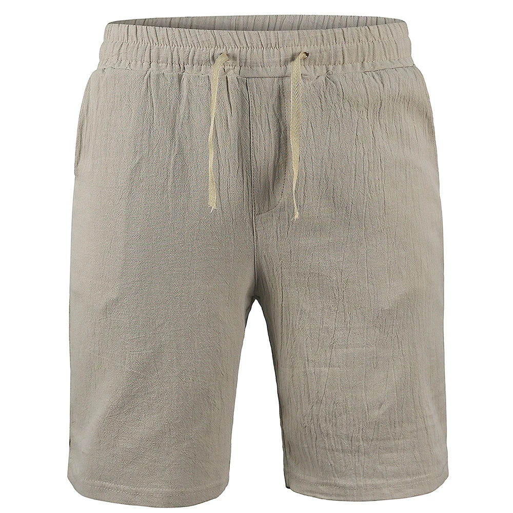 Short de linho Búzios bege claro, cós elástico e cordão frontal