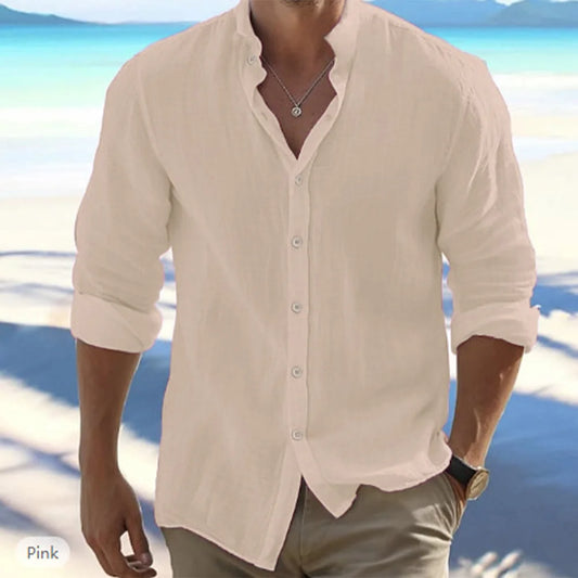 Camisa de linho de gola alta com botões, bege claro, mangas 7/8 e caimento reto
