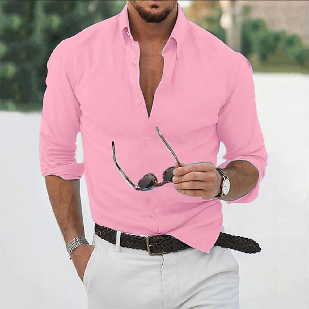 Camisa de linho rosa, gola aberta com botões e manga três quartos