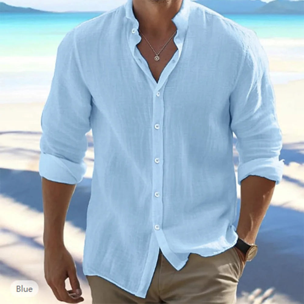 Camisa de linho de gola alta com botões, azul claro, mangas 7/8