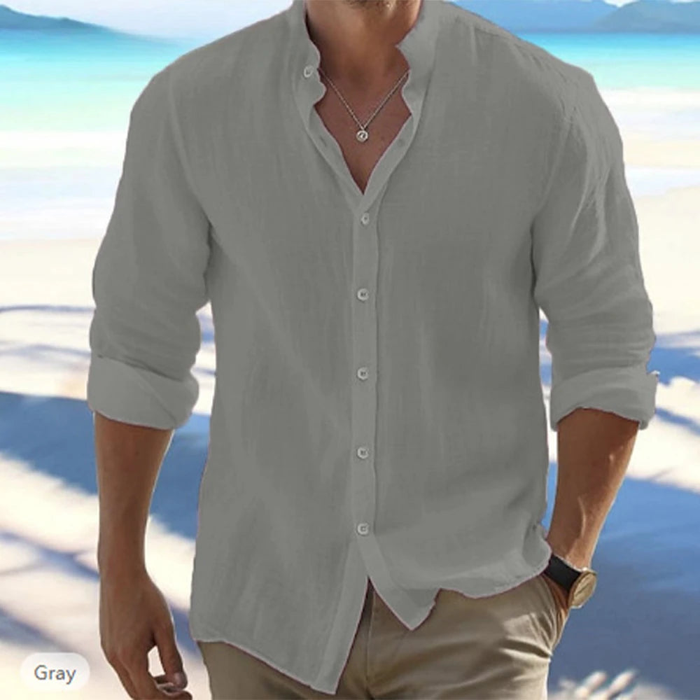 Camisa de linho de gola alta com botões, cinza claro, mangas 7/8