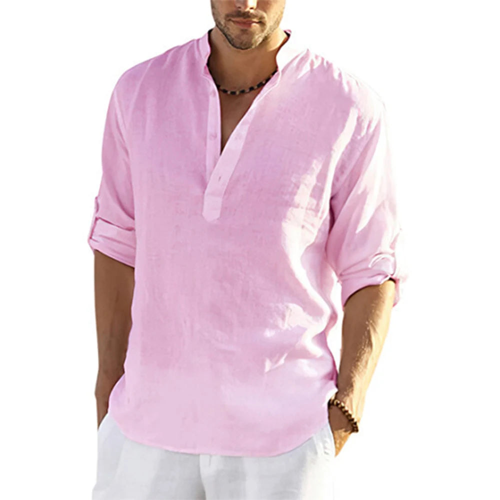 Camisa de linho rosa gola padre com botões e manga curta