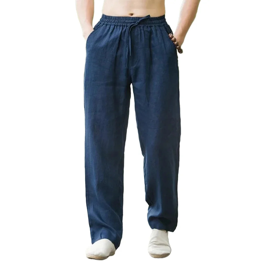 Calça de linho azul-marinho com cós elástico e cordão, caimento reto