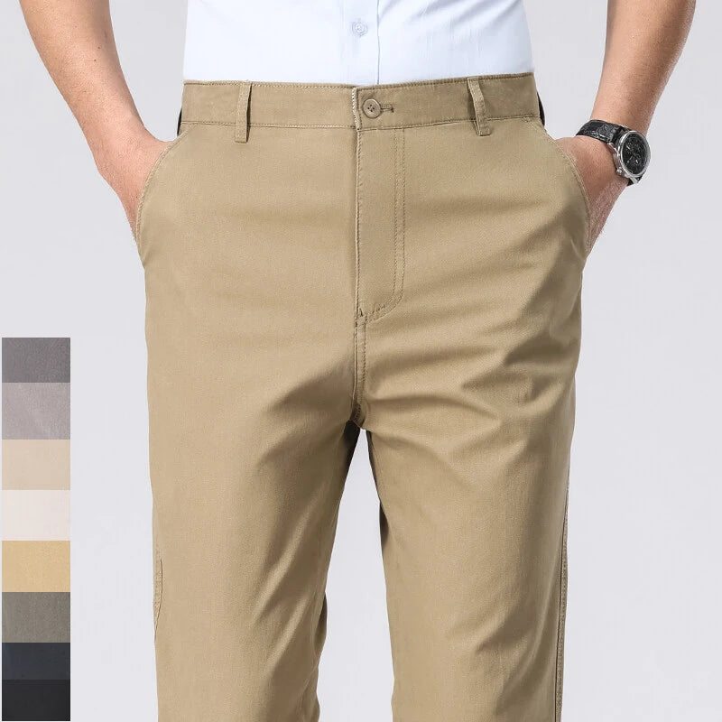 Calça chino masculina de algodão cáqui, cós com botão e passantes, corte reto