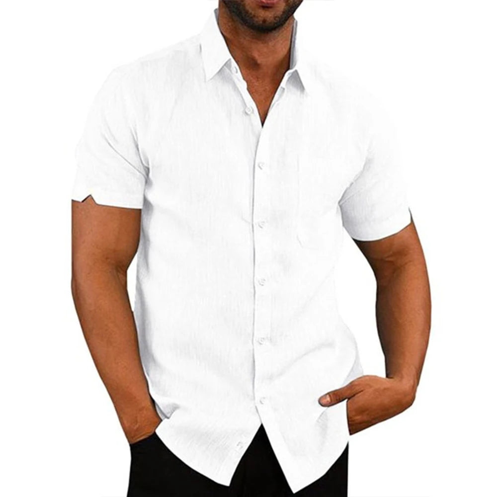 Camisa de linho branca, manga curta, colar e botões frontais