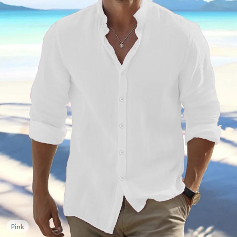 Camisa de linho de gola alta com botões, branca, mangas 7/8