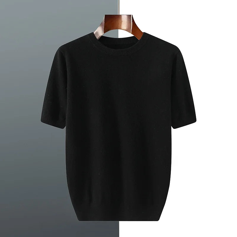 Camiseta de tricô masculina de manga curta preta, gola redonda e caimento solto