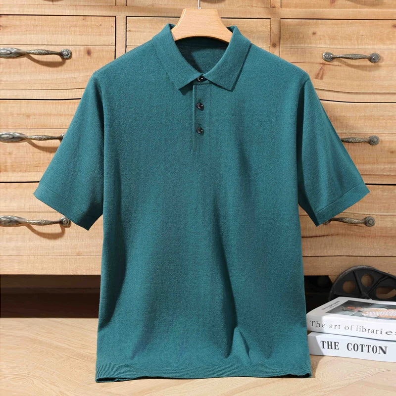 Polo de lã tricô verde esmeralda, gola polo com botões na frente