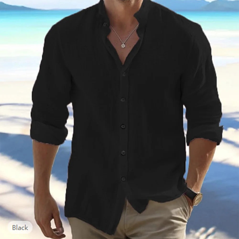 Camisa de linho de gola alta com botões, preta, mangas 7/8